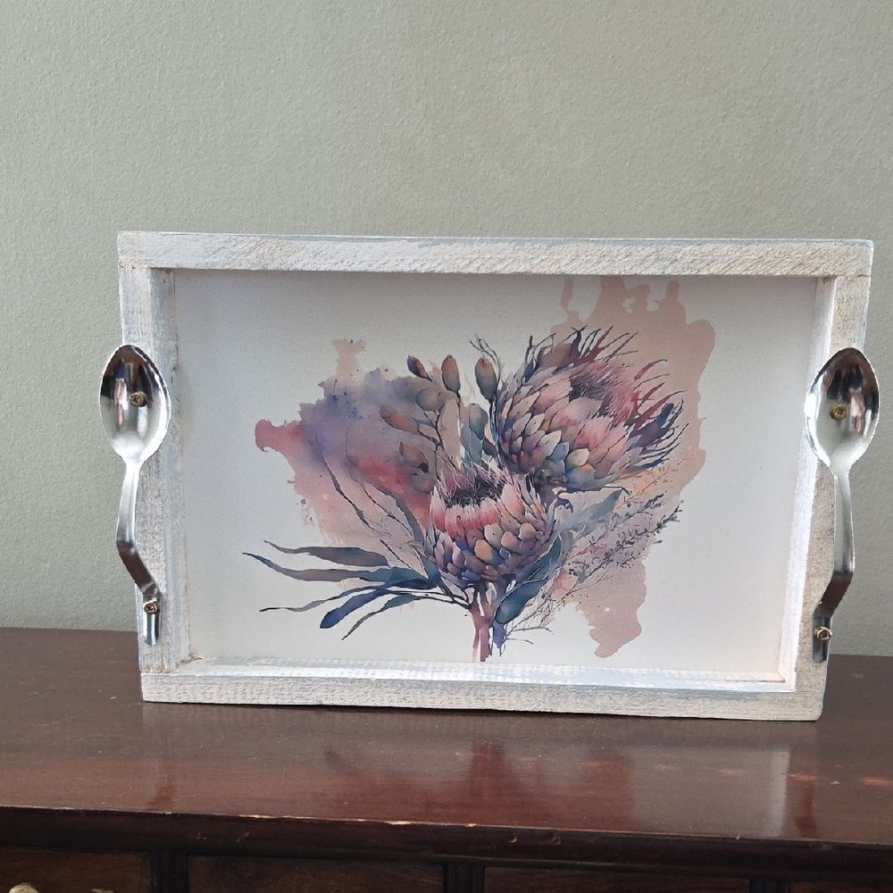 Floral Design Wooden Tray with Handles